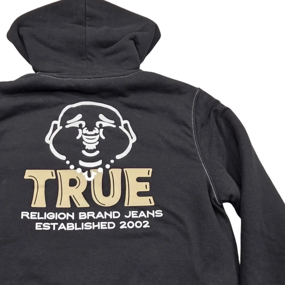 True Religion Black Sherpa Lined Zip Hoodie Buddha Logo Size Mens Large